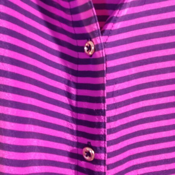BANANA REPUBLIC 100% Silk Blouse Striped Magenta / Navy - Picture 2 of 3